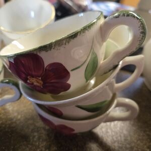 Hand-Painted Floral Ceramic Mug - White with Purple Flowers and Green Trim